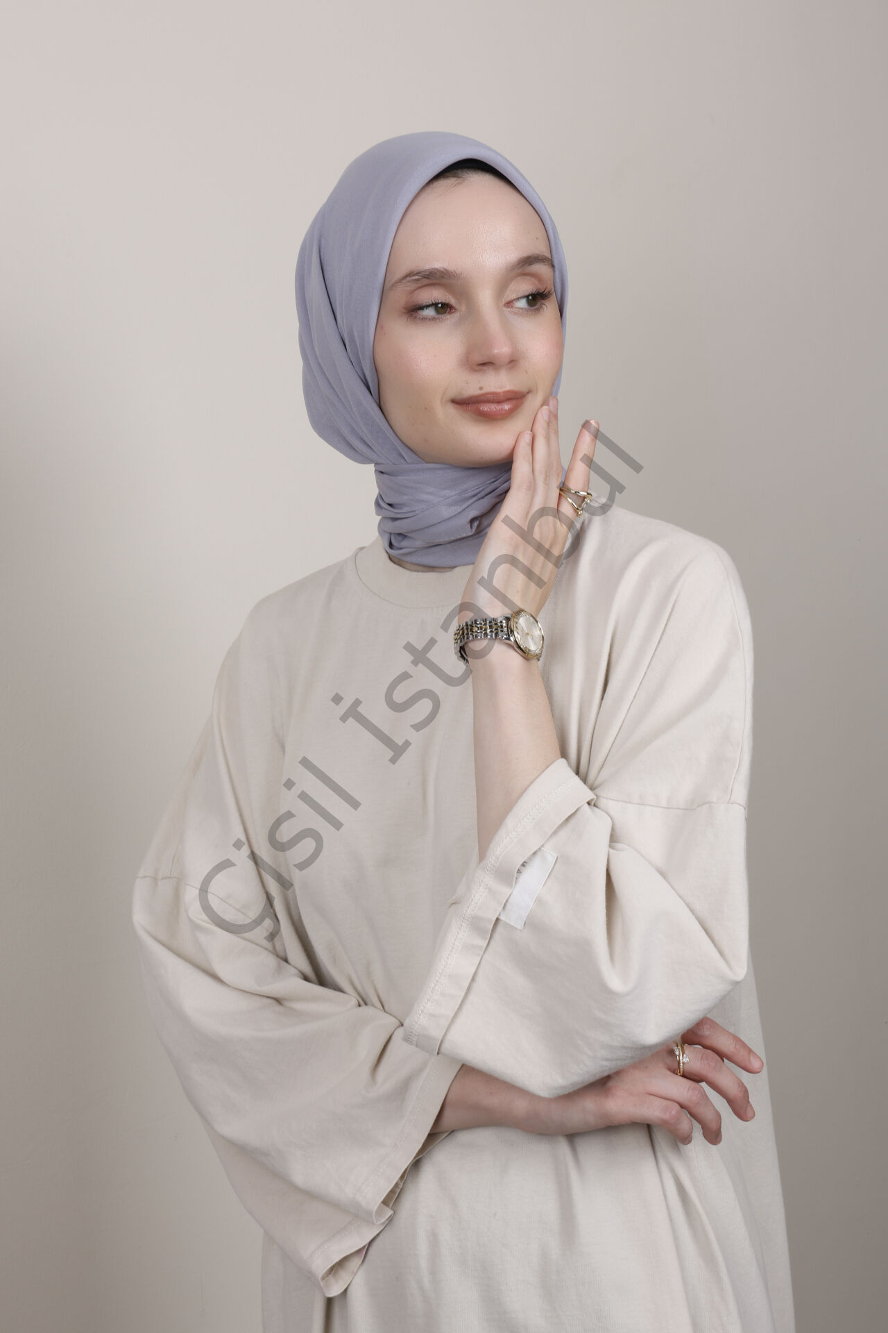Bordürlü Şifon Eşarp G-49.1 Gri Lila