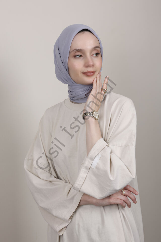Bordürlü Şifon Eşarp G-49.1 Gri Lila