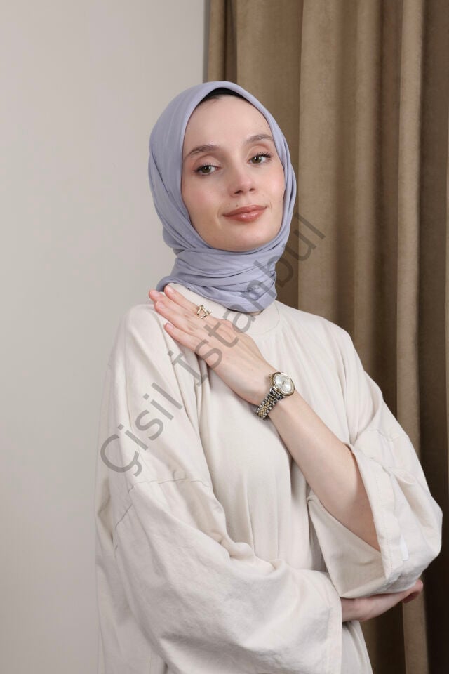 Bordürlü Şifon Eşarp G-49.1 Gri Lila