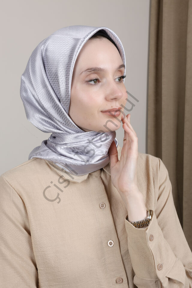 Desenli Jakarlı Eşarp G-73.1 Gri Lila