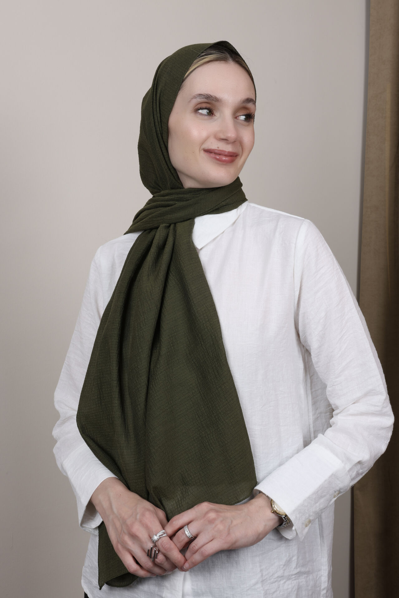 Crispy Krep Şal N-37 Koyu Haki Yeşili