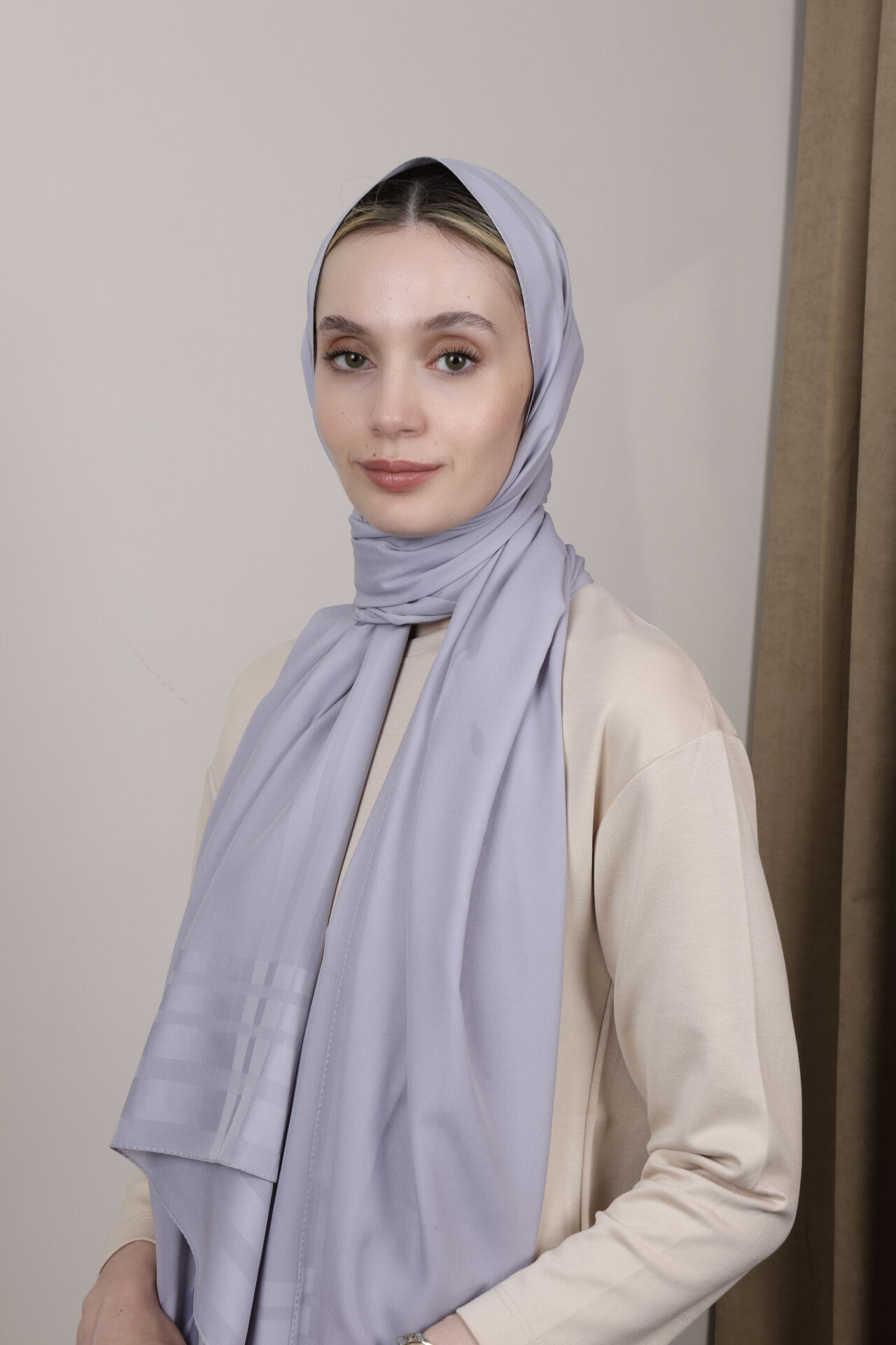 Bordürlü Şifon Şal N-49.1 Gri Lila