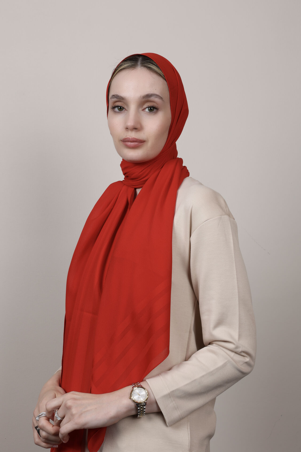 Bordürlü Şifon Şal N-49.1 Kırmızı