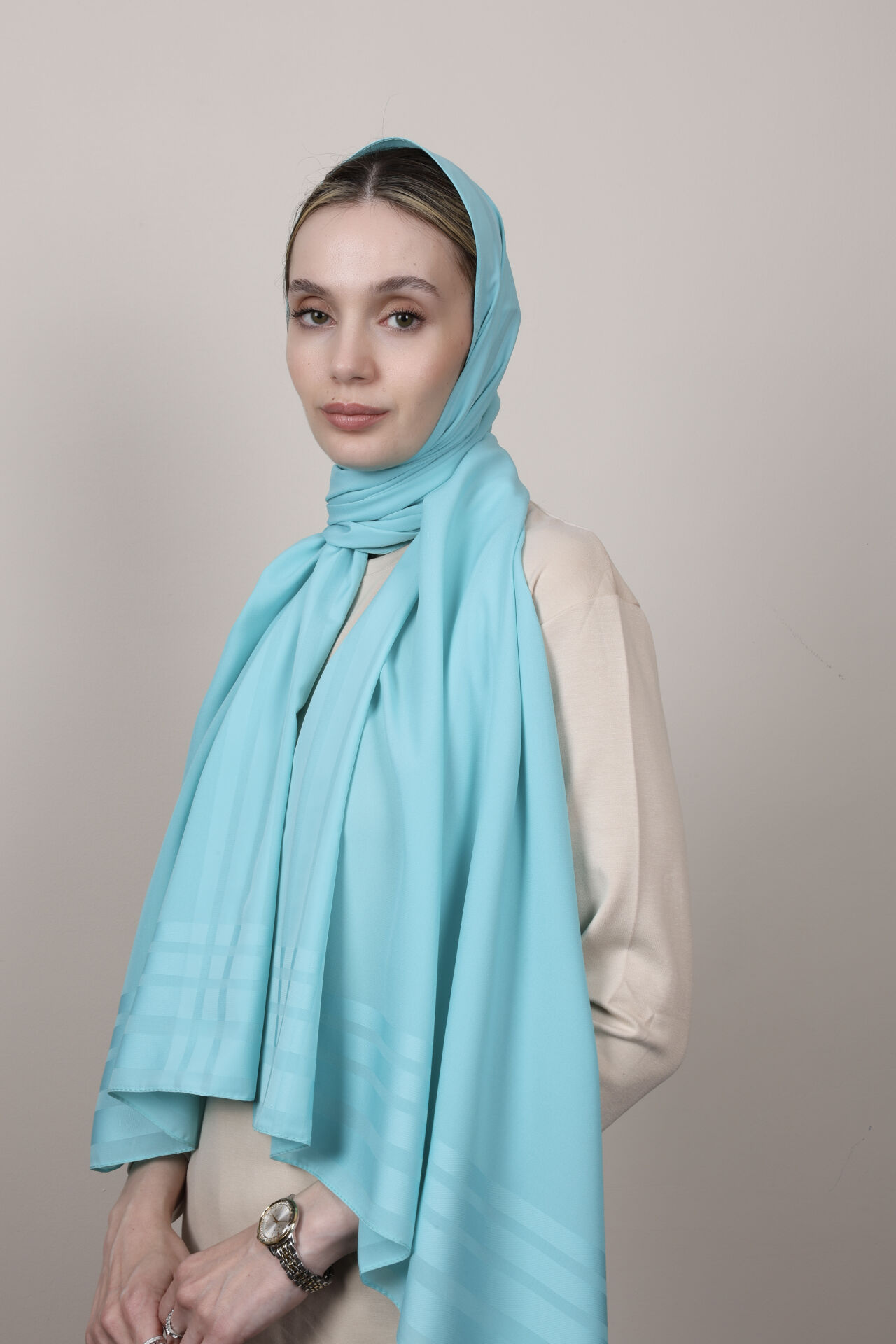 Bordürlü Şifon Şal N-49.1 Bebe Mavisi