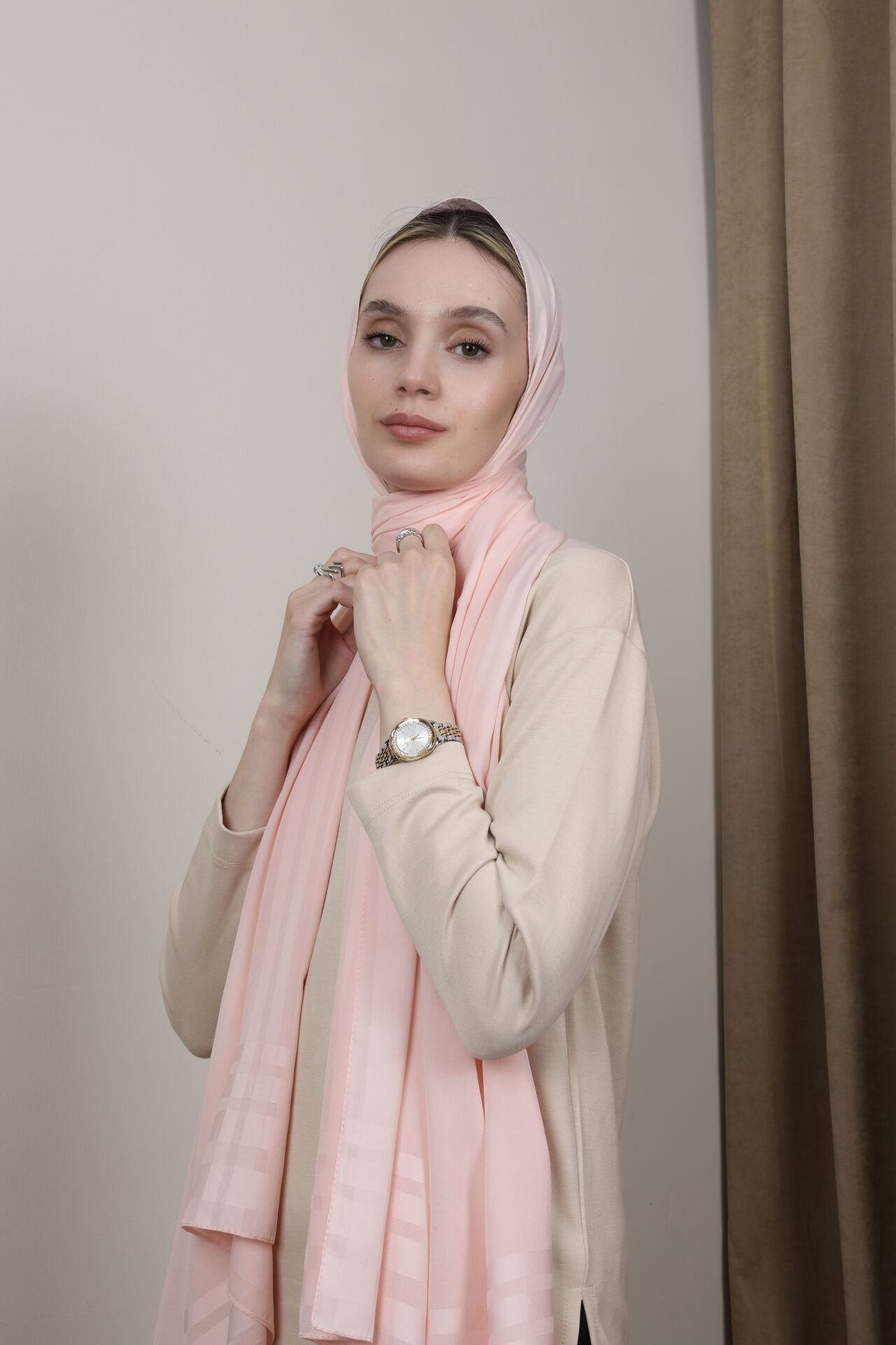 Bordürlü Şifon Şal N-49.1 Toz Pembe