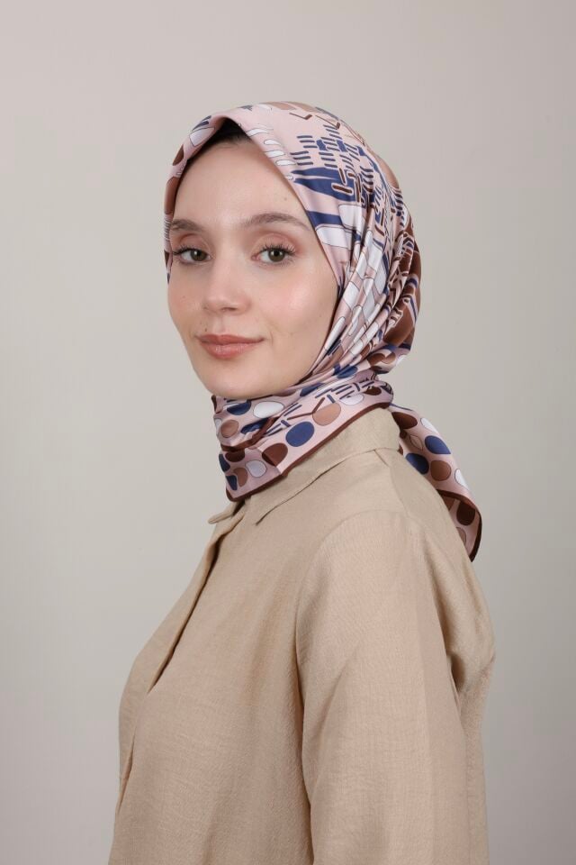 Desenli Saten Eşarp S-01 Kahverengi