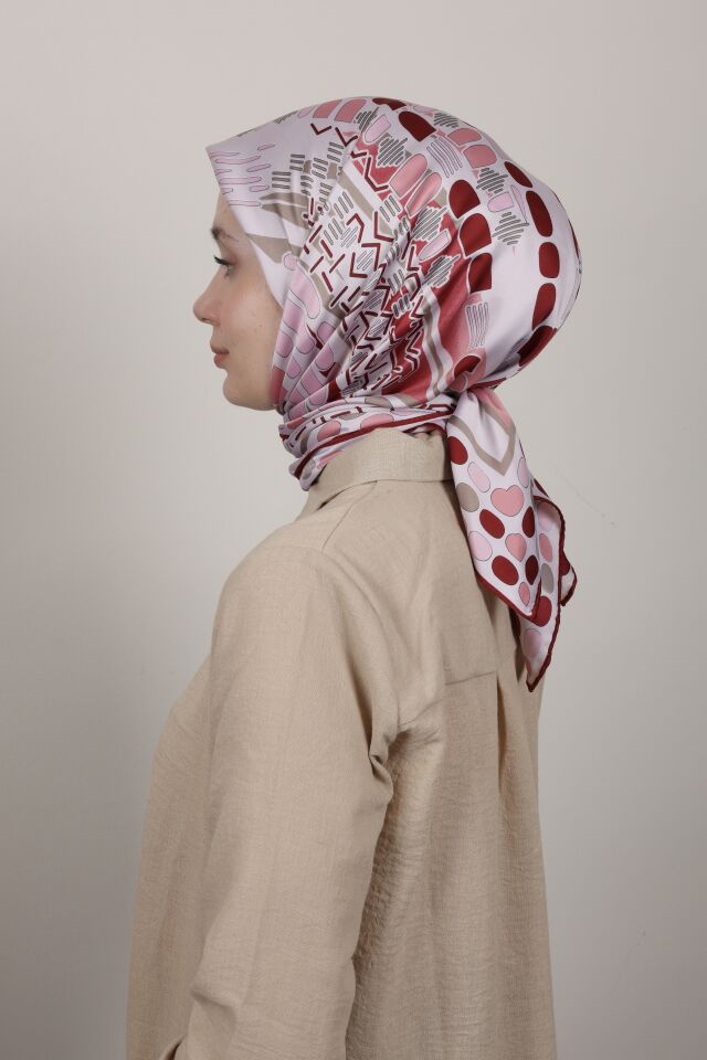 Desenli Saten Eşarp S-01 Pembe-Bordo