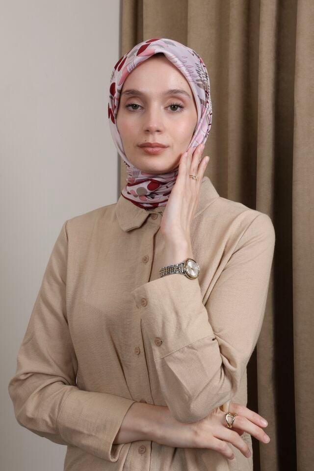 Desenli Saten Eşarp S-01 Pembe-Bordo