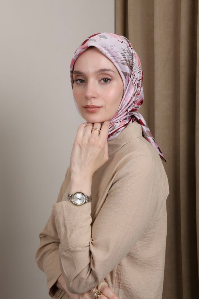 Desenli Saten Eşarp S-01 Pembe-Bordo