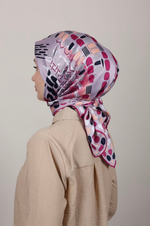 Desenli Saten Eşarp S-01 Pembe Mor