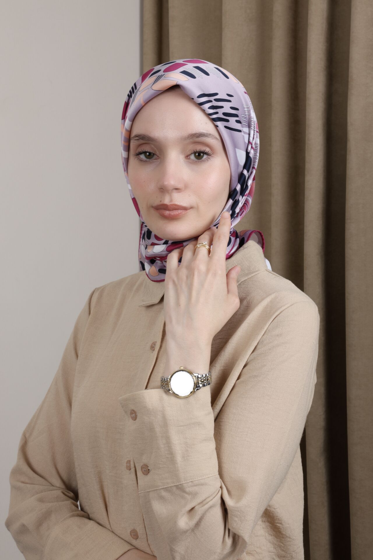 Desenli Saten Eşarp S-01 Pembe Mor