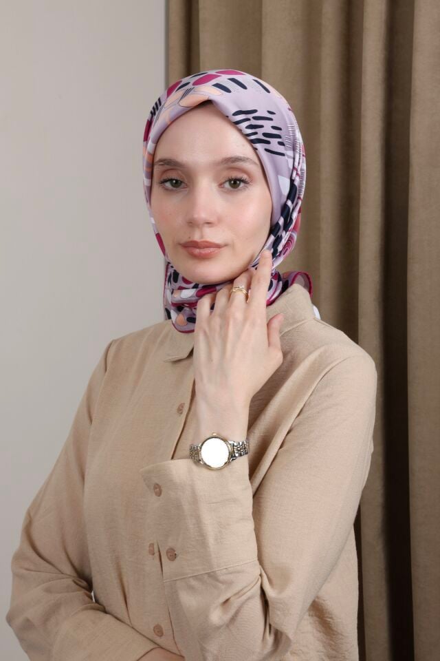 Desenli Saten Eşarp S-01 Pembe Mor