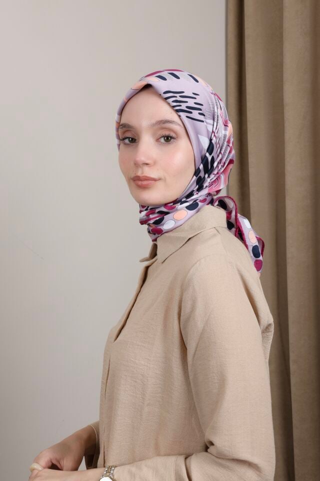Desenli Saten Eşarp S-01 Pembe Mor