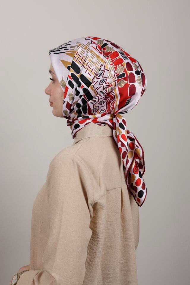 Desenli Saten Eşarp S-01 Kırmızı-Gri