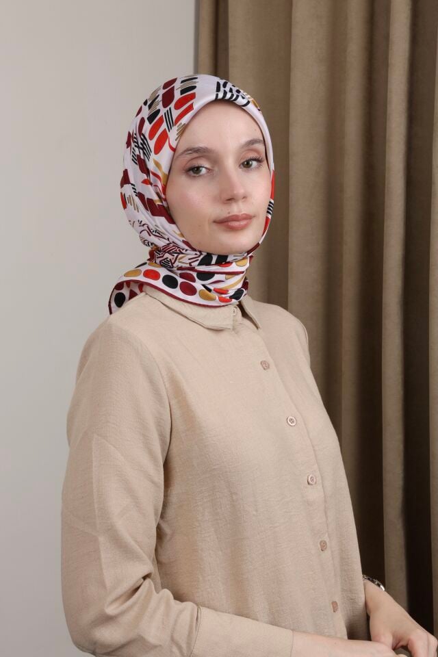 Desenli Saten Eşarp S-01 Kırmızı-Gri