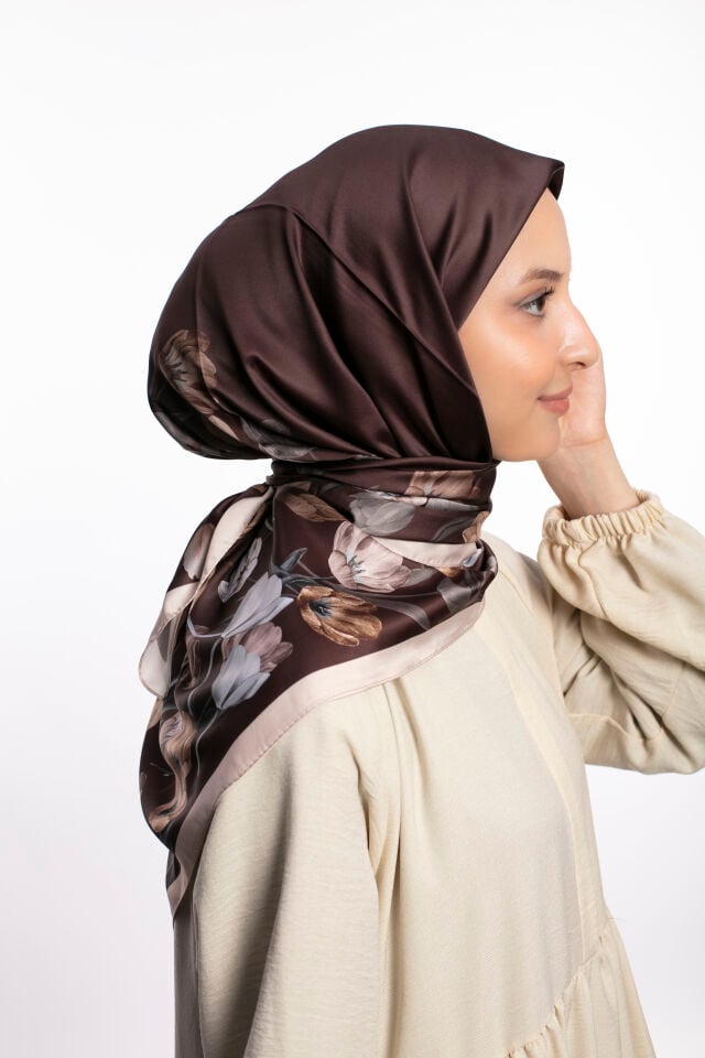 Rayon Eşarp Çiçekli S-01.1 Koyu Kahverengi