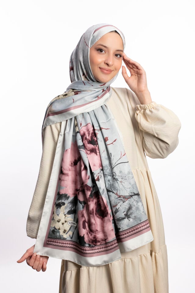 Rayon Şal Çiçekli N-91 Açık Gri Lila