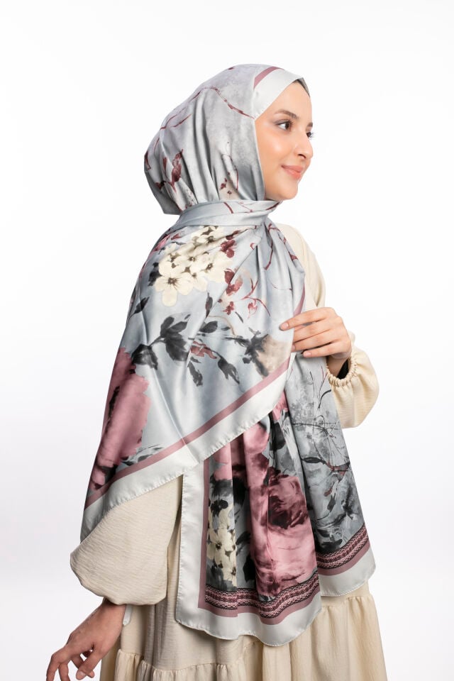 Rayon Şal Çiçekli N-91 Açık Gri Lila
