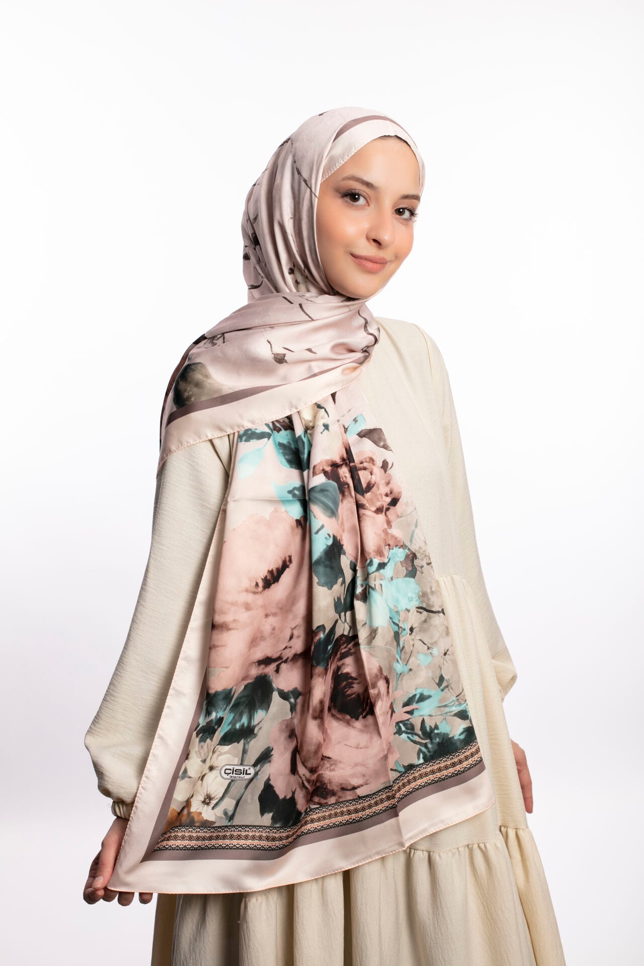 Rayon Şal Çiçekli N-91 Krem Pudra